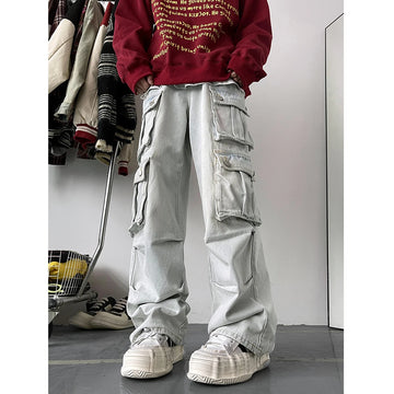 Aidase Light Blue Cargo Jeans Men's Patchwork Straight Casual Trousers Men Muti-pockets Hip Hop Streetwear Loose Fashion Pants aidase-shop